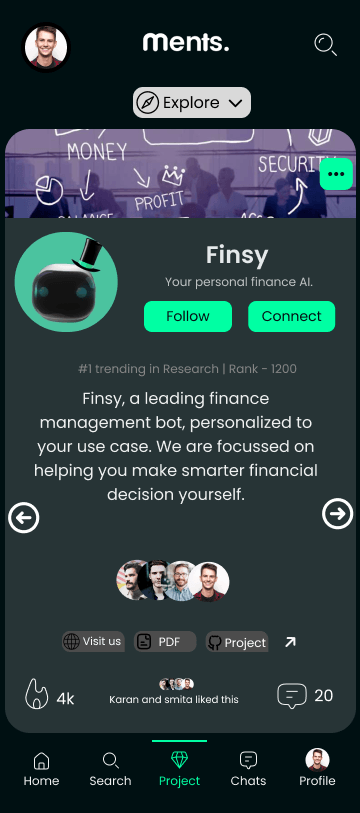 Swipe through Startups/Project Profiles