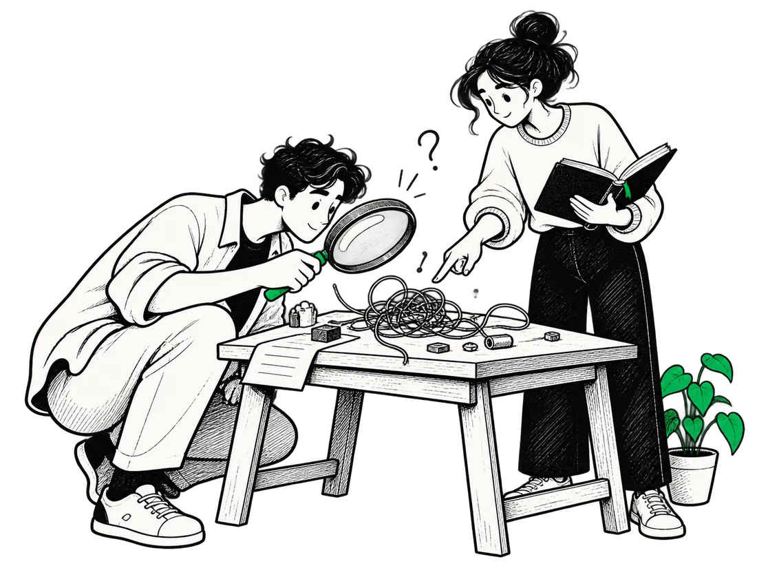 Illustration of two colleagues investigating a problem together