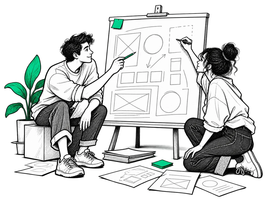 Illustration of two designers discussing an early prototype