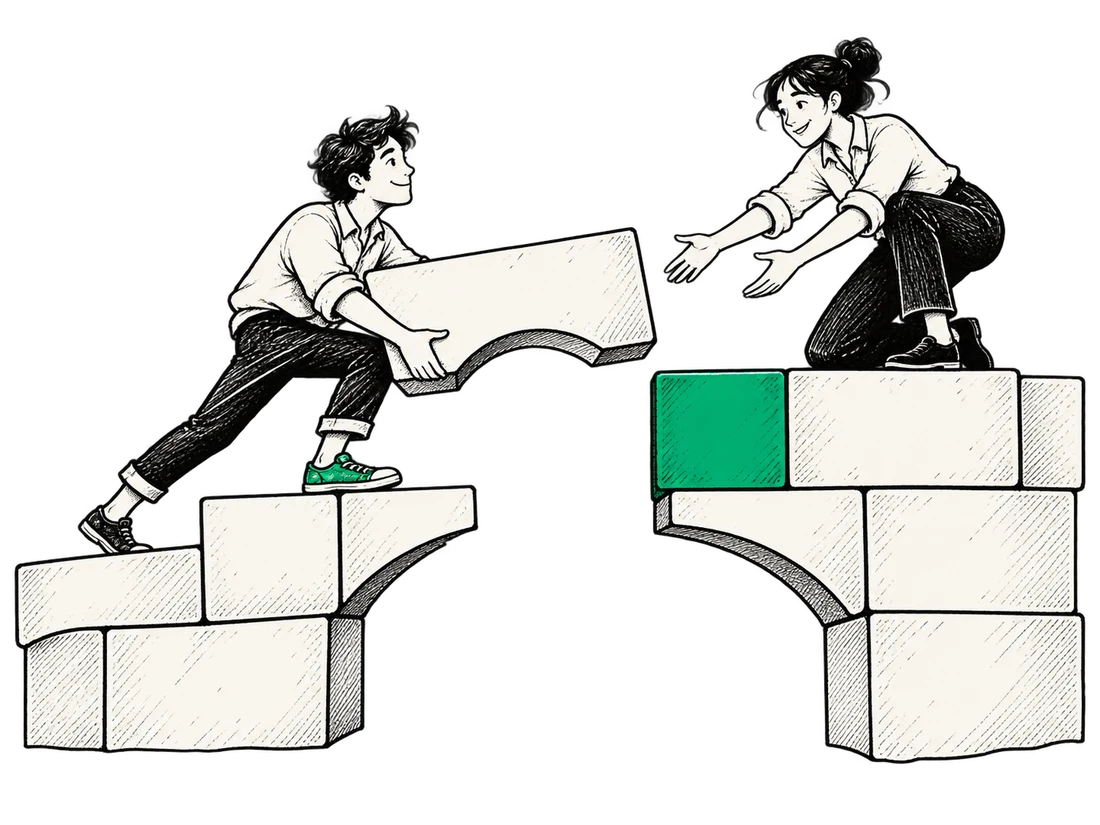 Illustration of teammates completing a bridge together