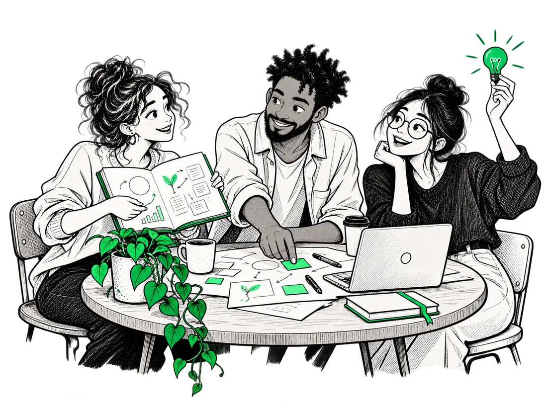 Illustration of three collaborators sharing ideas around a table